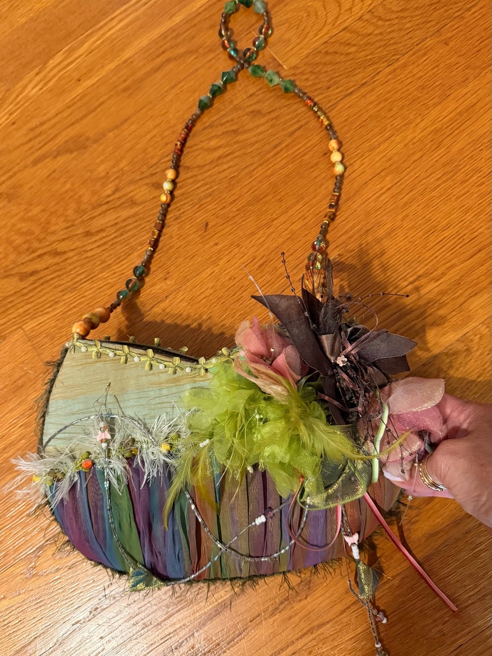 Mary Frances Vintage Boho Feather & Flowers With Beaded Accents Shoulder Bag